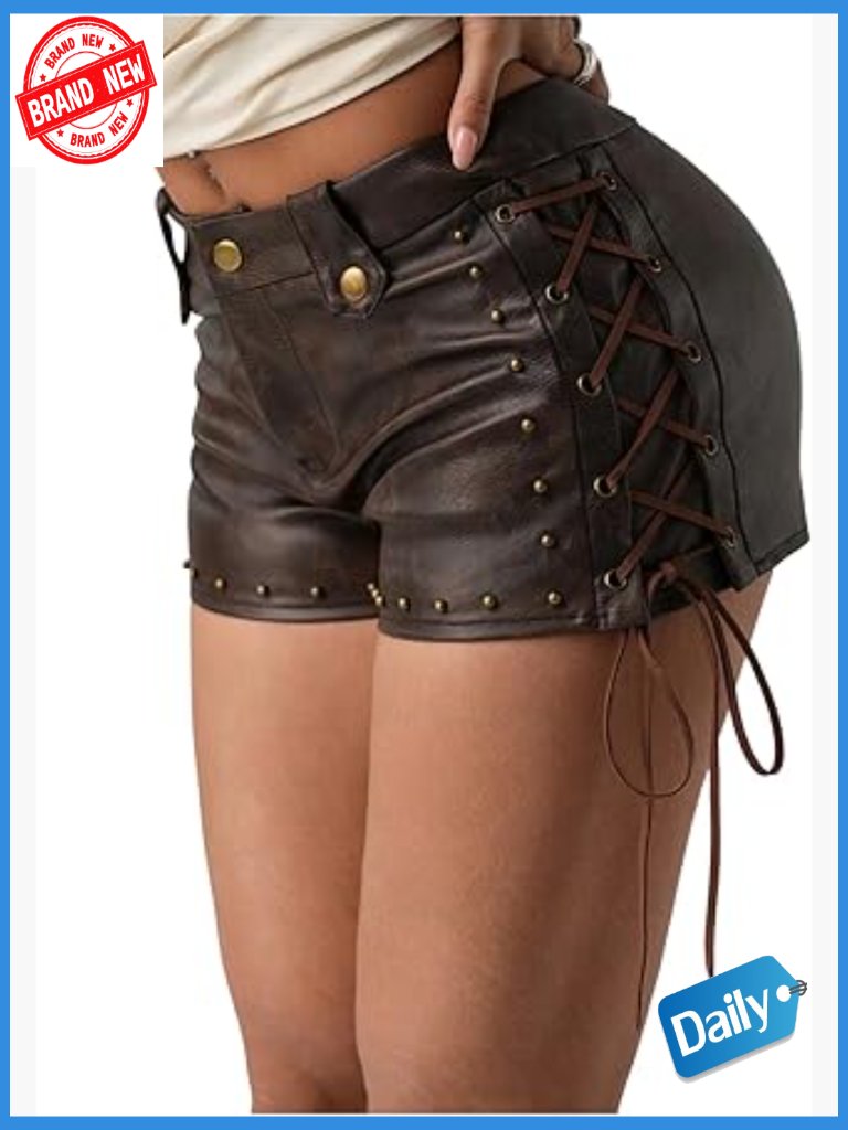 Faux Leather Lace Up Rivet Studded Mini Shorts 90s Vintage Low Rise